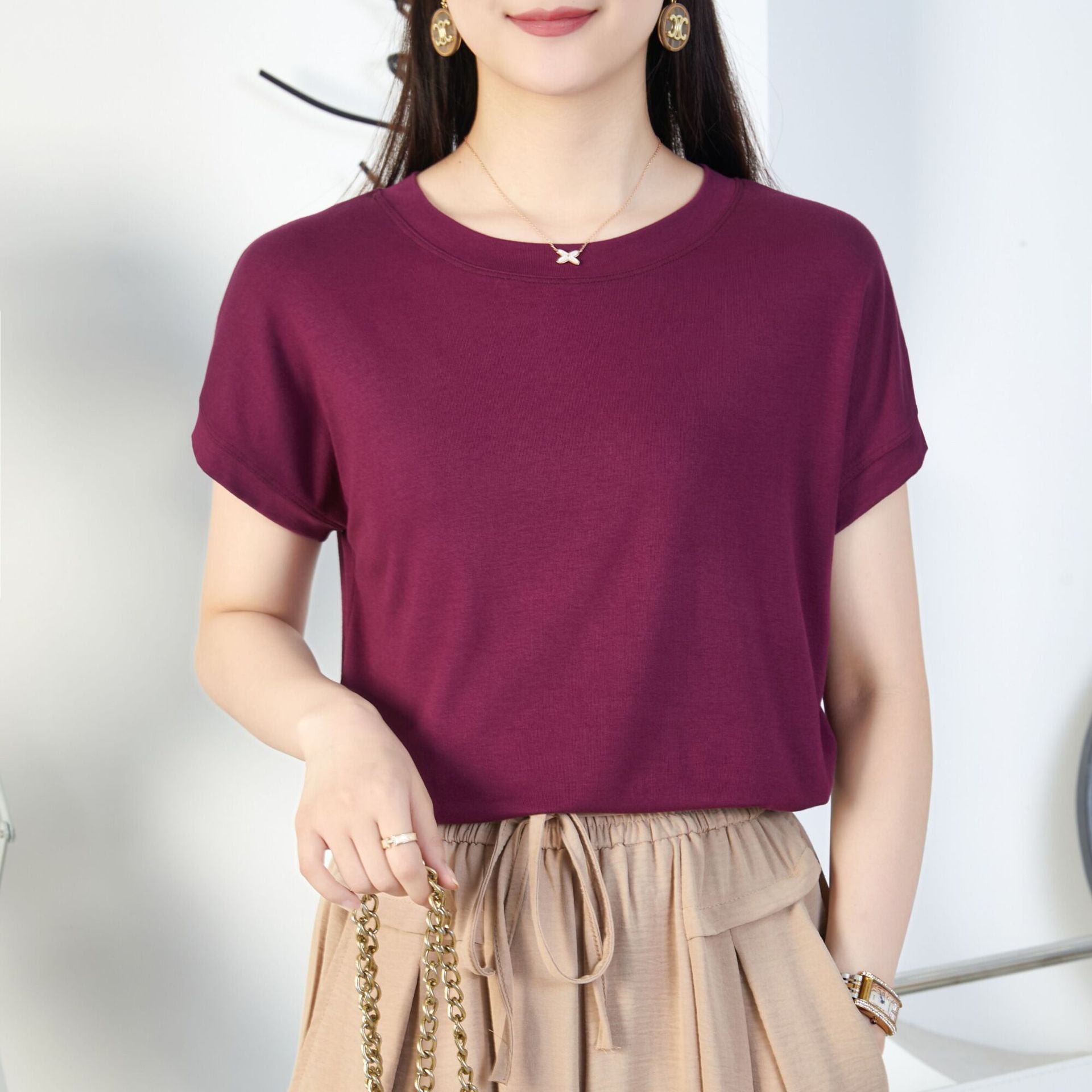 Tiktok batwing sleeve t-shirt women's round neck summer solid color simple small flying sleeve casual all-match loose short sleeve t-shirt women