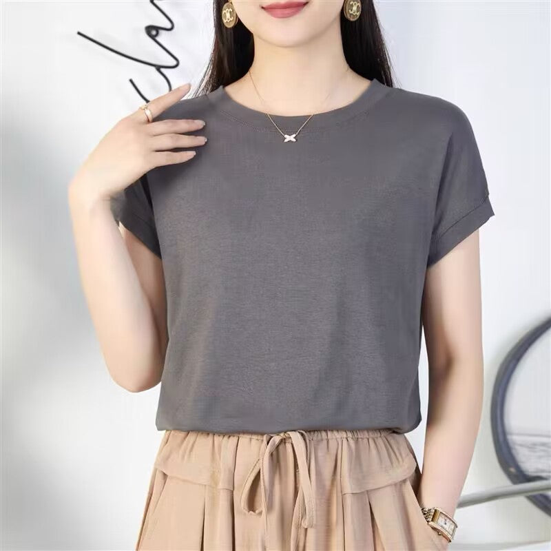 Tiktok batwing sleeve t-shirt women's round neck summer solid color simple small flying sleeve casual all-match loose short sleeve t-shirt women