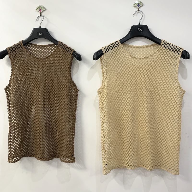 SHOWLU FASHION male mesh cut-out vest with geometric crewneck design, stylish pullover for modern men's fashion.