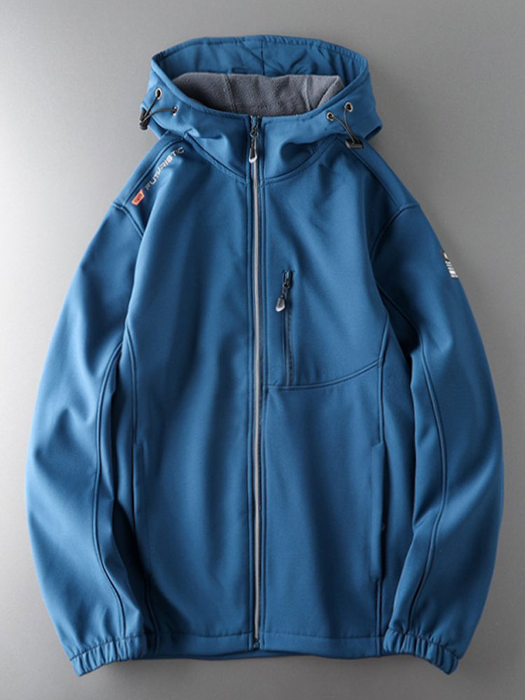 Men's windproof fleece soft shell jacket with hood, outdoor sportswear by SHOWLU FASHION STORE, suitable for cold weather activities.