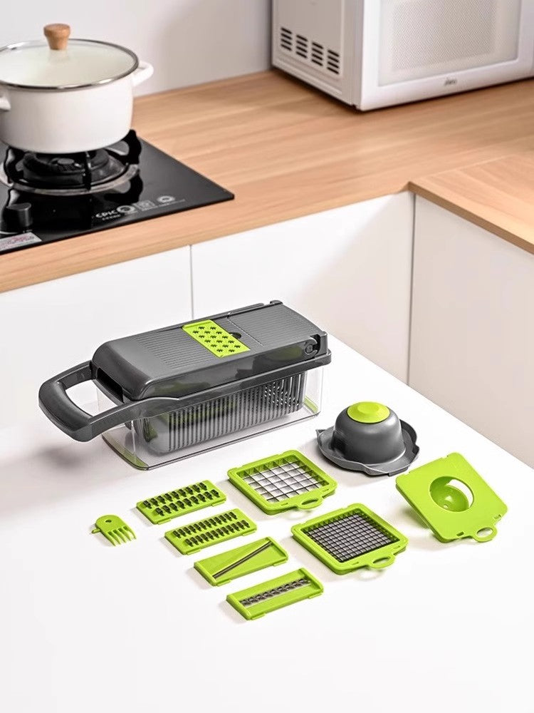Showlu multi-functional vegetable cutter with dicing and slicing blades, compact kitchen tool for efficient food prep.