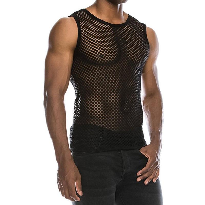 SHOWLU FASHION men's mesh cut out vest with geometric crewneck pullover, stylish sleeveless design for modern casual wear