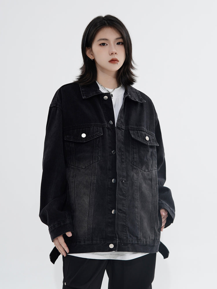 Vintage denim cowboy jacket with loose fit, cotton material, polo collar, streetwear style from SHOWLU FASHION STORE