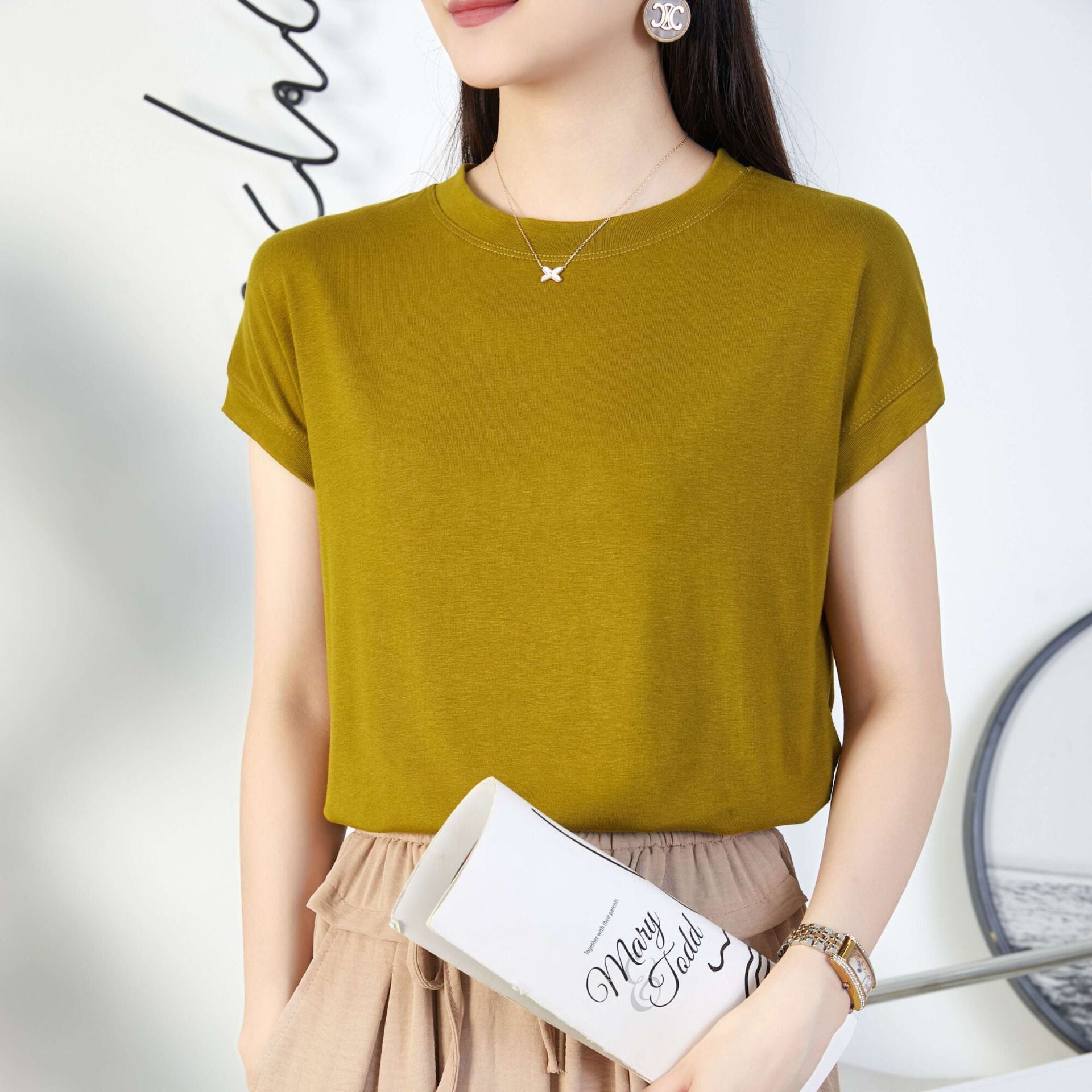 Tiktok batwing sleeve t-shirt women's round neck summer solid color simple small flying sleeve casual all-match loose short sleeve t-shirt women
