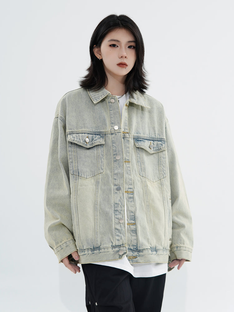 Vintage denim cowboy jacket with loose fit, cotton fabric, polo collar, streetwear style by SHOWLU FASHION STORE