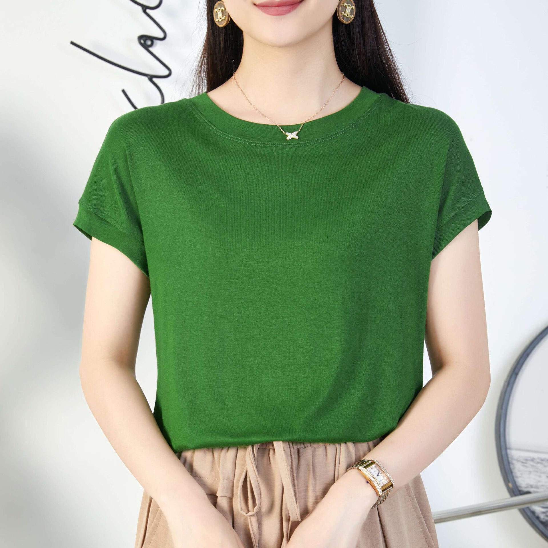 Tiktok batwing sleeve t-shirt women's round neck summer solid color simple small flying sleeve casual all-match loose short sleeve t-shirt women
