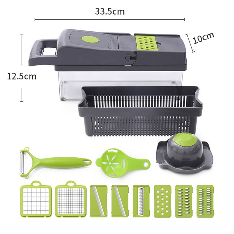 Showlu Multi-Functional Vegetable Cutter and Slicing Set with various blades for dicing and slicing vegetables.