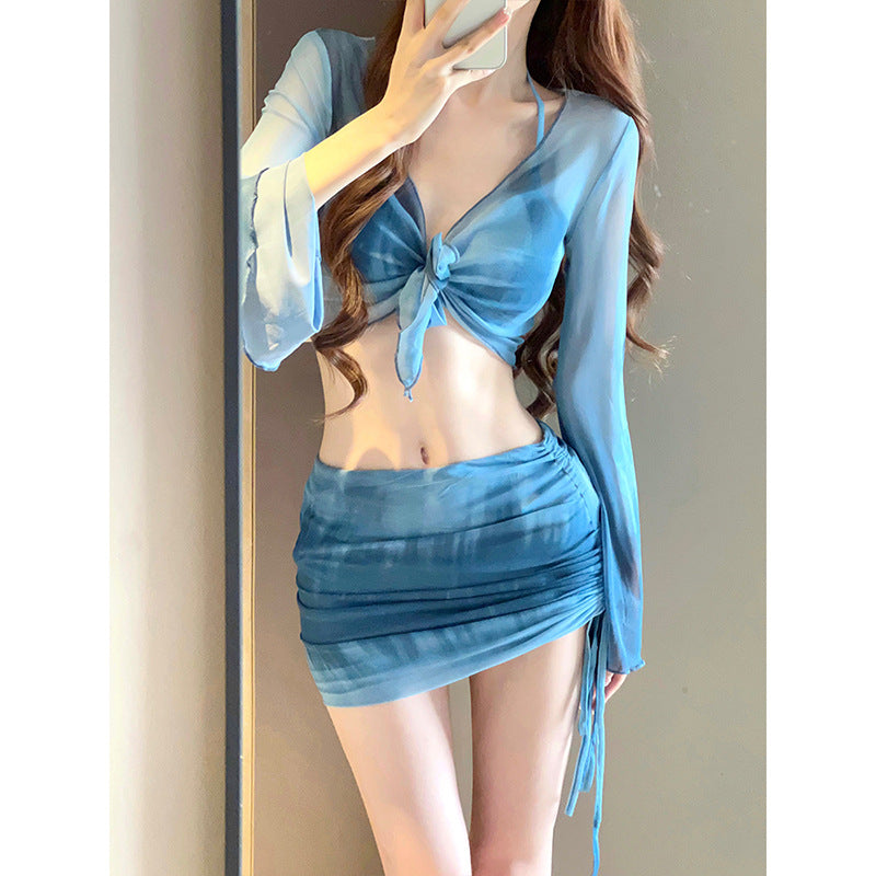 Bikini Swimsuit for Women 2025 New Four-Piece Set High-End Sexy Split Long-Sleeved Swimsuit for Women Pure Color Hot Spring