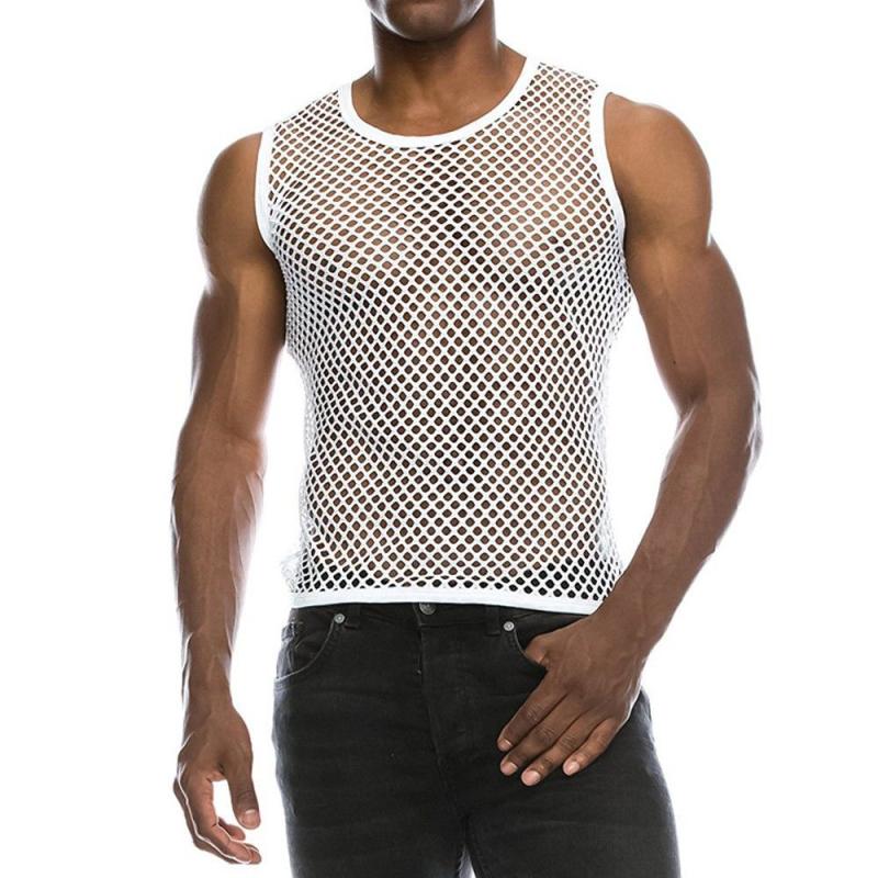 SHOWLU FASHION male mesh cut out vest with geometric crewneck, featuring modern design and breathable fabric.