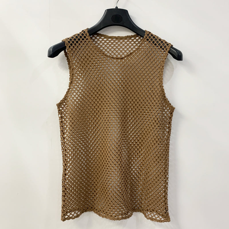 SHOWLU FASHION male mesh cut out vest with geometric crewneck pullover, featuring a stylish design and breathable fabric.