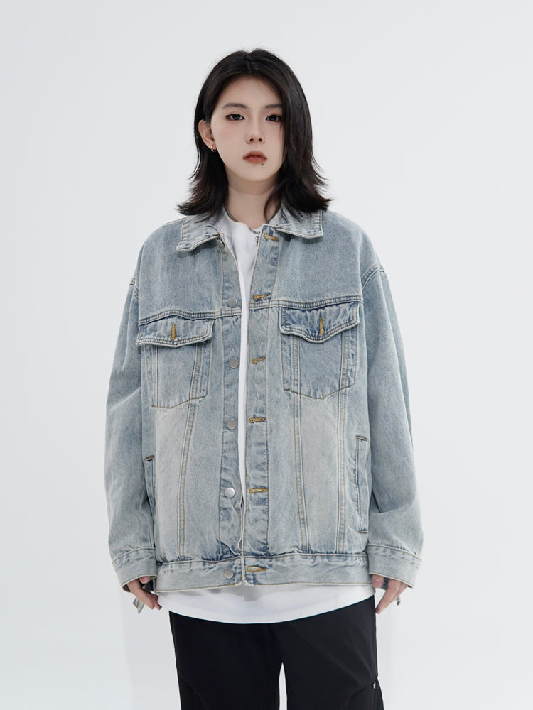 Vintage denim cowboy jacket from SHOWLU FASHION STORE with loose fit, cotton material, and polo collar, streetwear style.