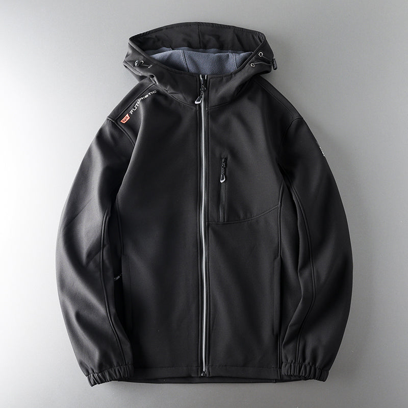 Men's windproof fleece soft shell jacket with hood by SHOWLU FASHION STORE, designed for outdoor sports and cold weather activities.