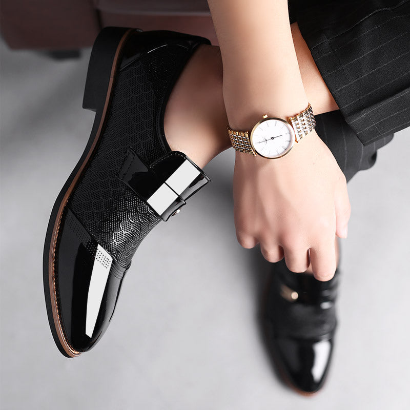 Black patent leather men's Derby shoes by SHOWLU FASHION STORE, featuring sleek design and polished finish for formal wear.