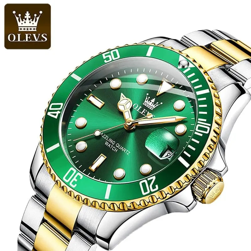 OLEVS men's quartz wristwatch with a large luminous dial, stainless steel band, waterproof design, suitable for business and sports.