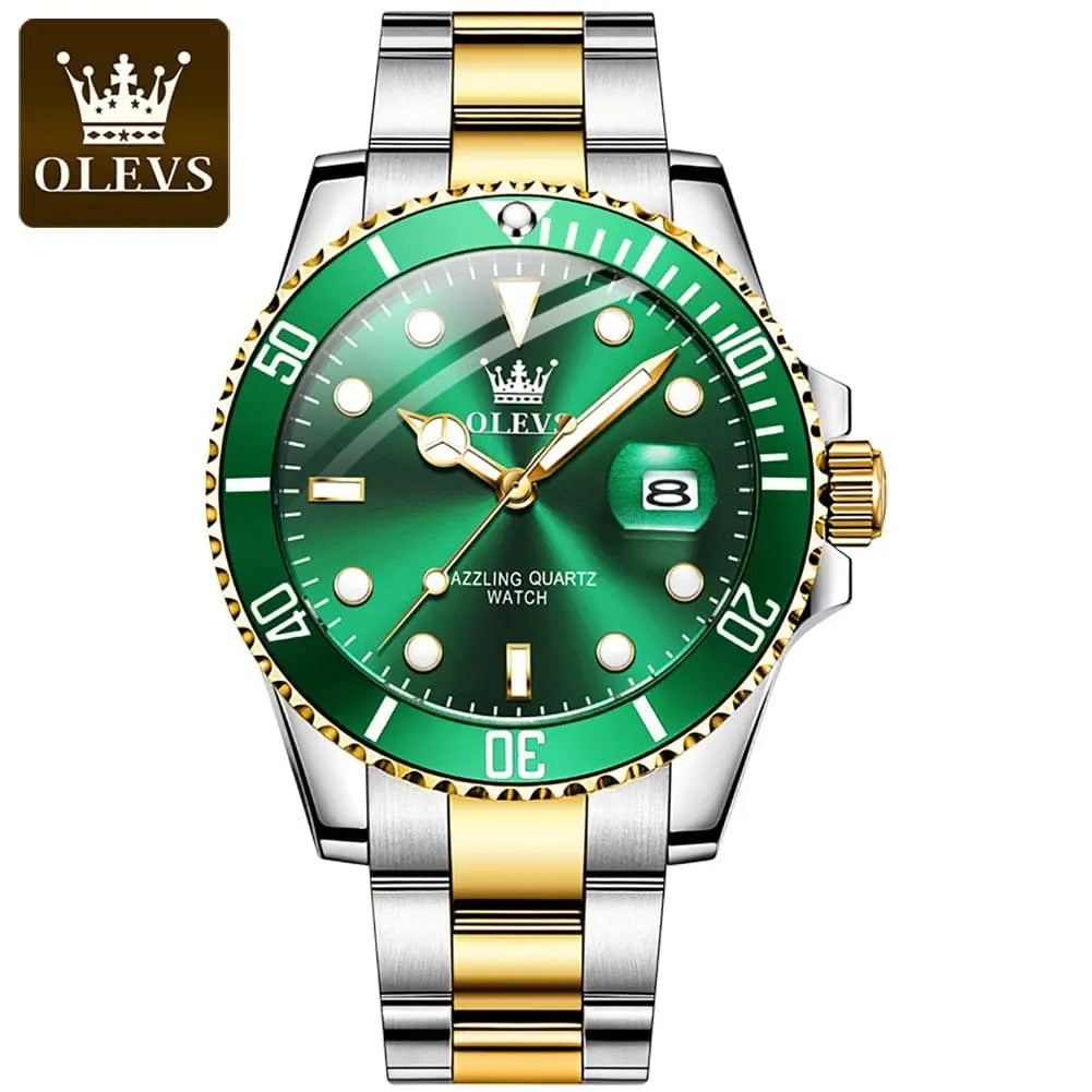 OLEVS men's quartz wristwatch with stainless steel band, large luminous dial, elegant business design, waterproof and stylish.
