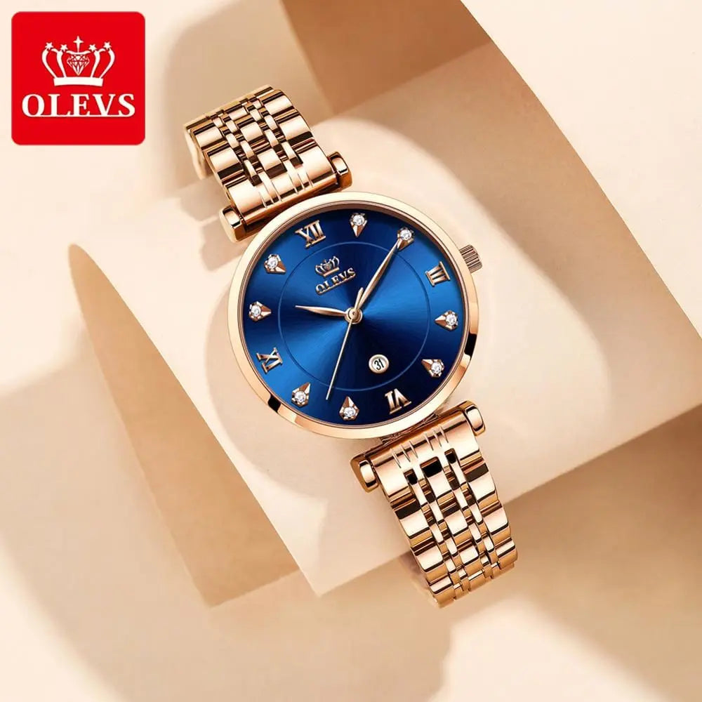 OLEVS women's luxury quartz watch with stainless steel strap, waterproof design, and date display.