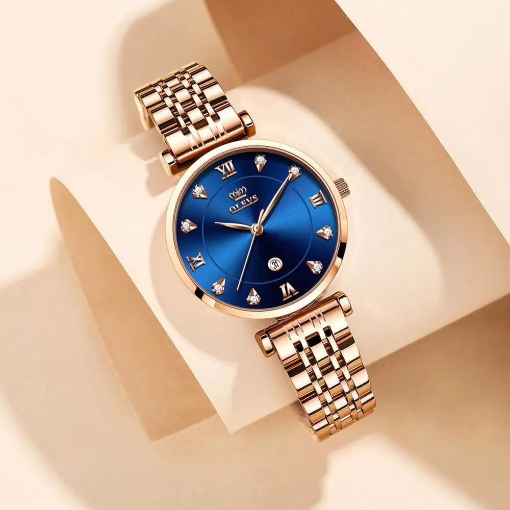 OLEVS women's luxury quartz watch with stainless steel strap, waterproof design, and date display.