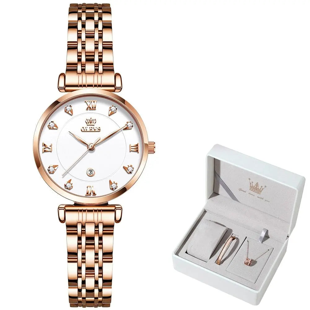 OLEVS women's luxury quartz watch with stainless steel strap, waterproof design, and date display.