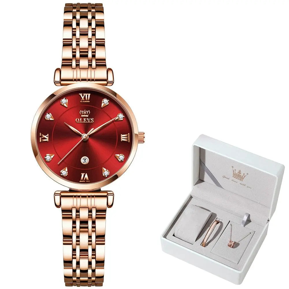 OLEVS women's luxury quartz watch with stainless steel strap, waterproof design, and date display, showcasing elegant fashion style