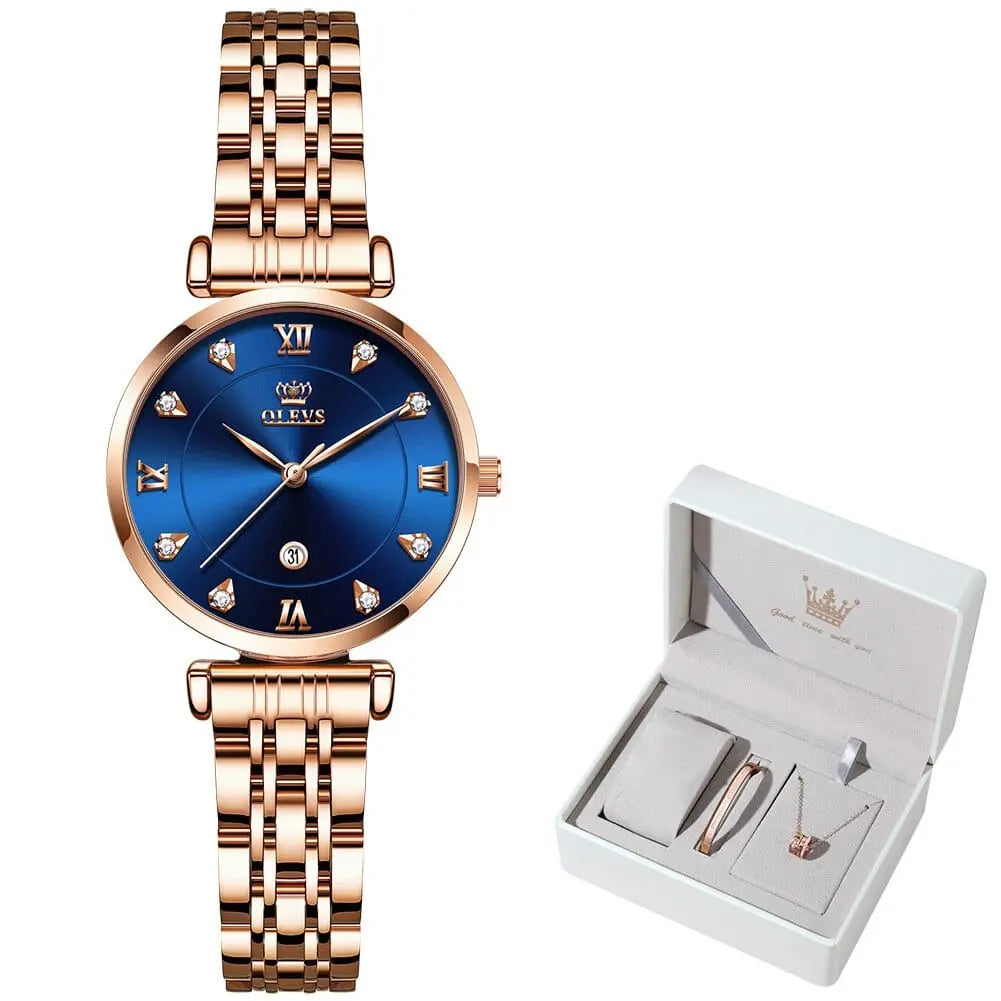 OLEVS women's luxury quartz watch with stainless steel strap, waterproof design, and date display, showcasing elegant fashion style.