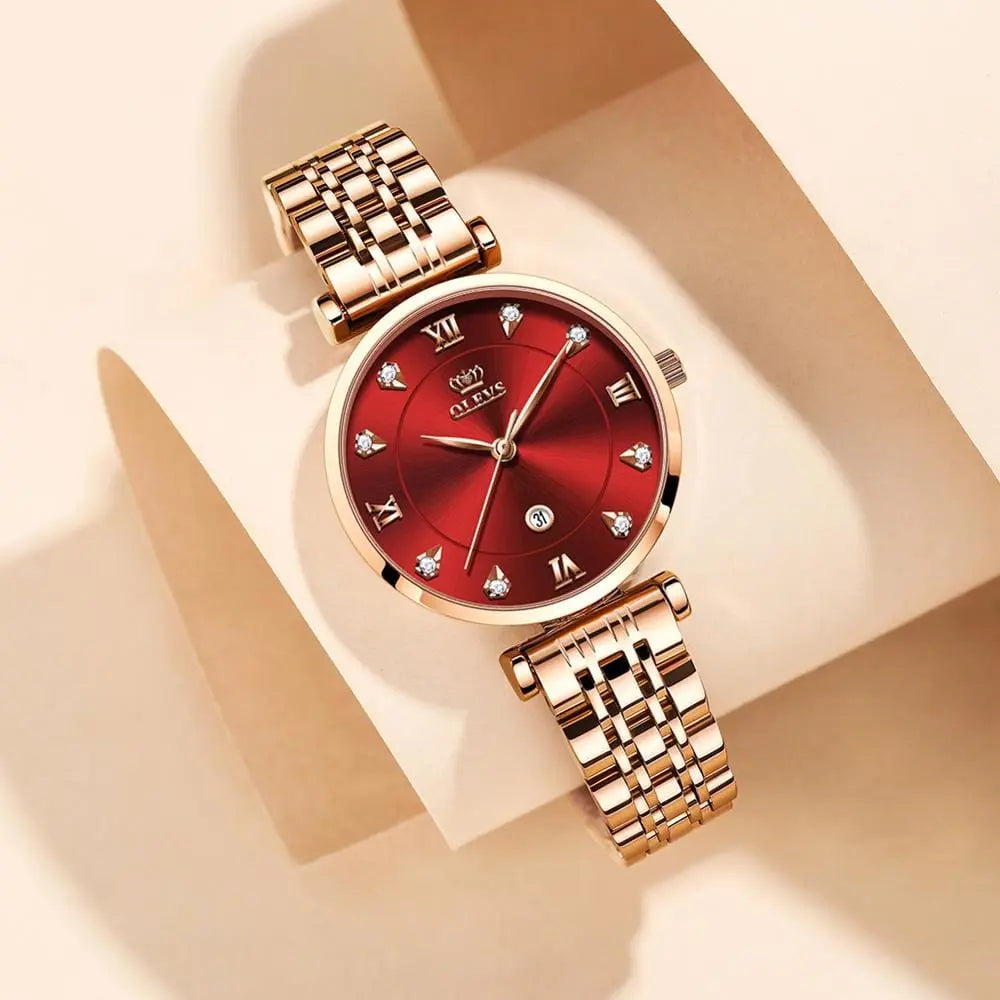 OLEVS women's luxury quartz watch with stainless steel strap, waterproof design, and date display.
