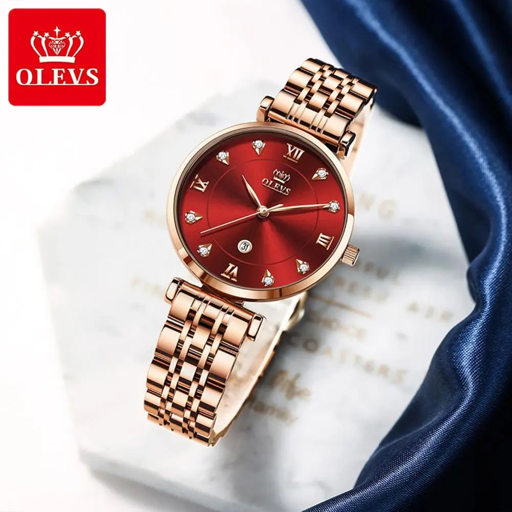 OLEVS women's luxury quartz watch with stainless steel strap, waterproof design, and date display.