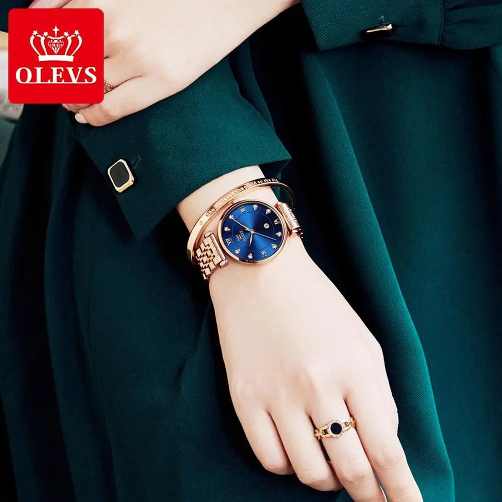 OLEVS women's luxury quartz watch with stainless steel strap, waterproof design, and date display.