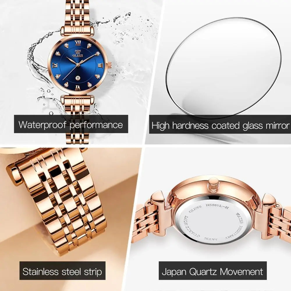 OLEVS women's luxury quartz watch with stainless steel strap, waterproof design, and date display, stylish for women.