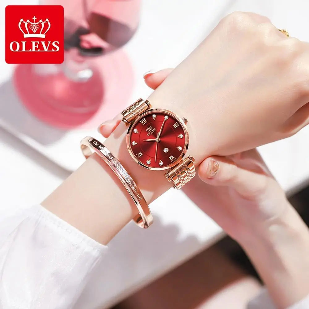 OLEVS women's luxury quartz watch with stainless steel strap, waterproof design, and date display, showcasing elegant fashion style.