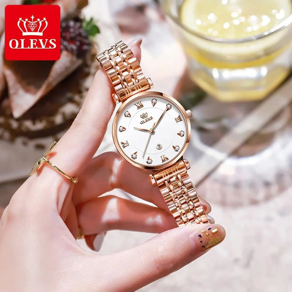 OLEVS women's luxury quartz watch with stainless steel strap, waterproof design, and date display.