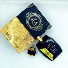 Oud 24 Hours perfume bottle with its black and gold box and cap on a white background.