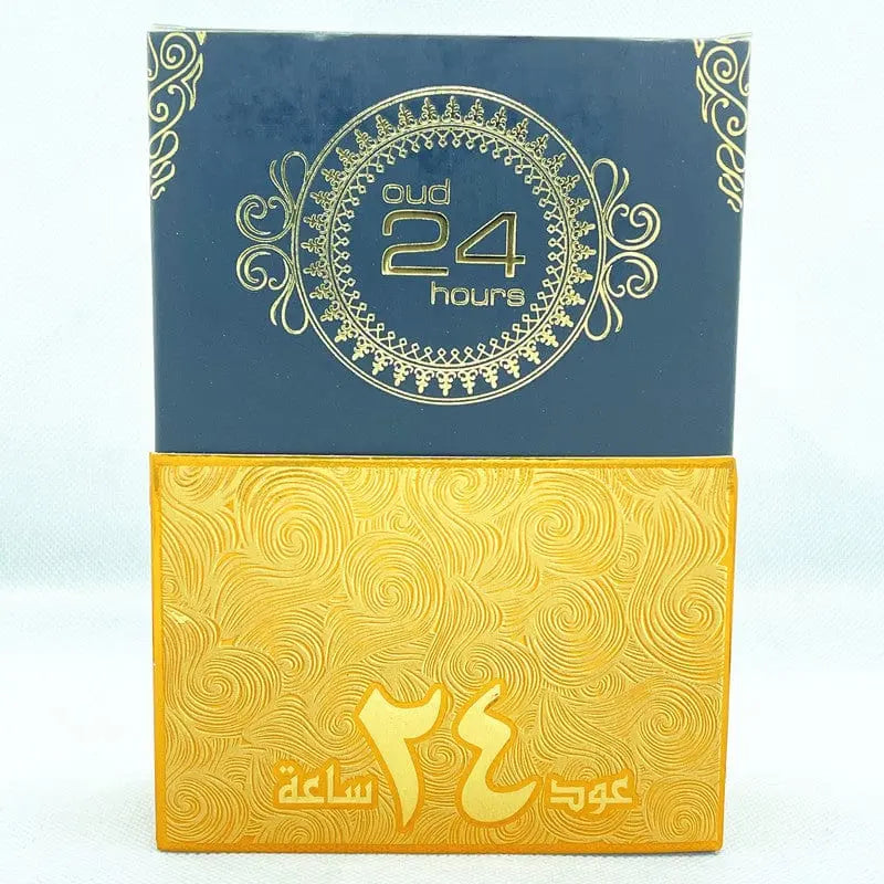 OUD 24 Hours Black Gold Arabian Perfume bottle with gold accents, luxurious Middle East fragrance in elegant packaging.