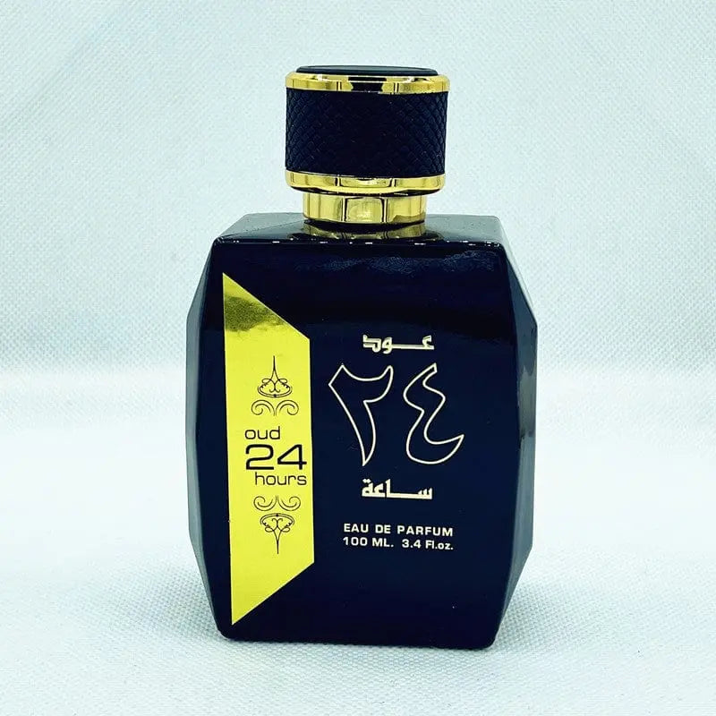 OUD 24 Hours Black Gold Arabian perfume bottle, luxurious Middle Eastern fragrance with gold accents, designed for Dubai UAE market