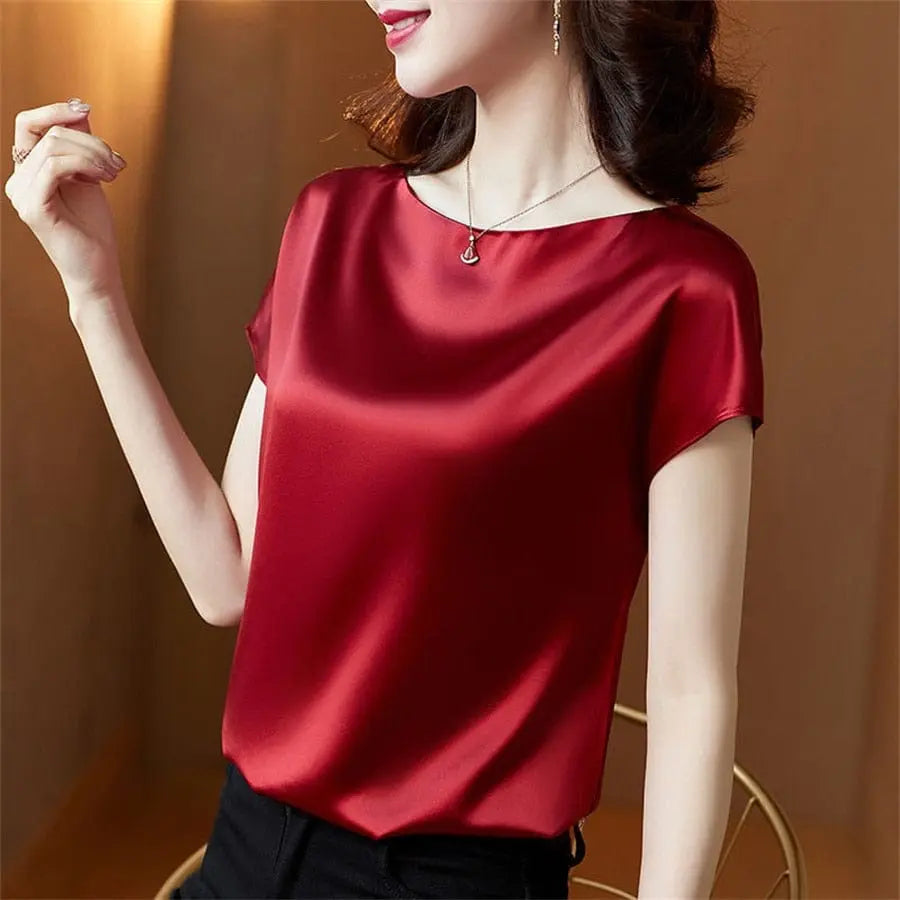 Showlu Fashion Satin short sleeve blouse for women, loose fit office top with O-neck, simple solid casual design