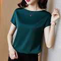 Showlu Fashion Satin short sleeve blouse for women, loose fit office top with O-neck, casual solid design, ideal for summer wear.
