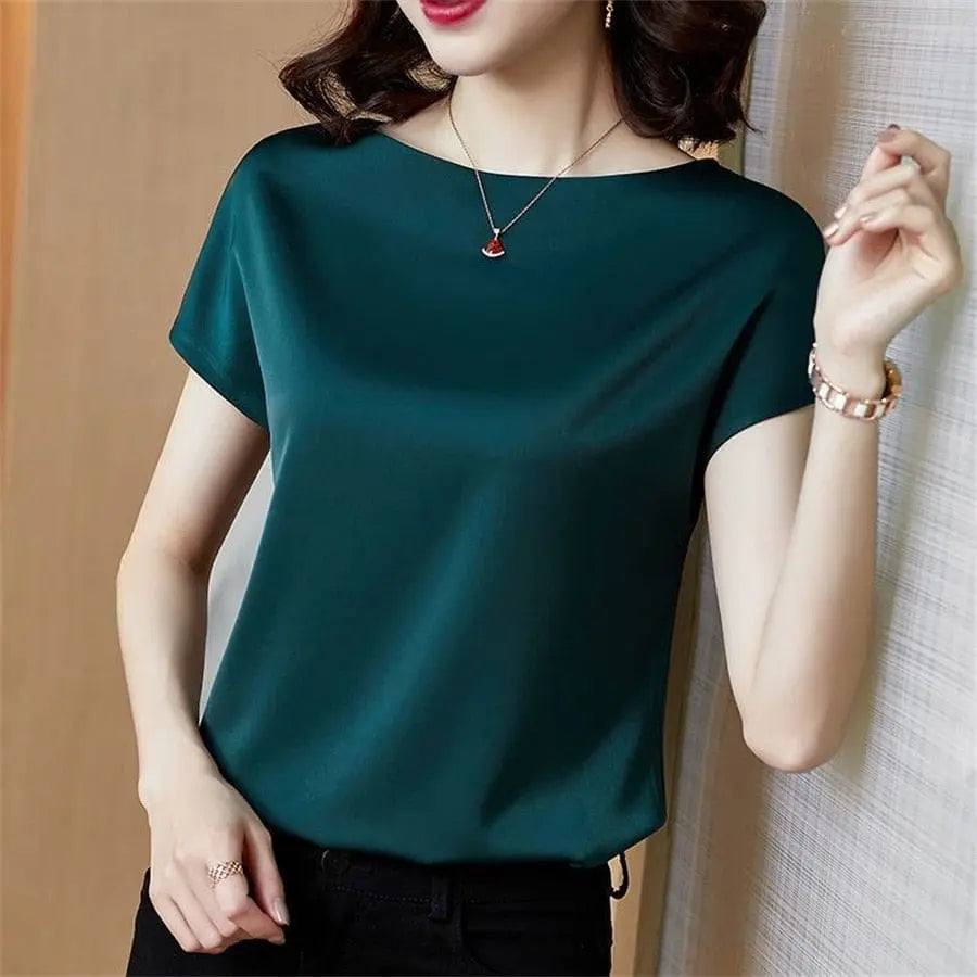 Showlu Fashion Satin short sleeve blouse for women, loose fit office top with O-neck, casual solid design, ideal for summer wear.