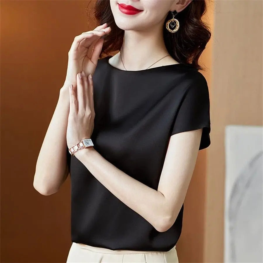 Showlu Fashion Satin short sleeve blouse for women, loose fit office top with O-neck, simple solid design, ideal for casual workwear.