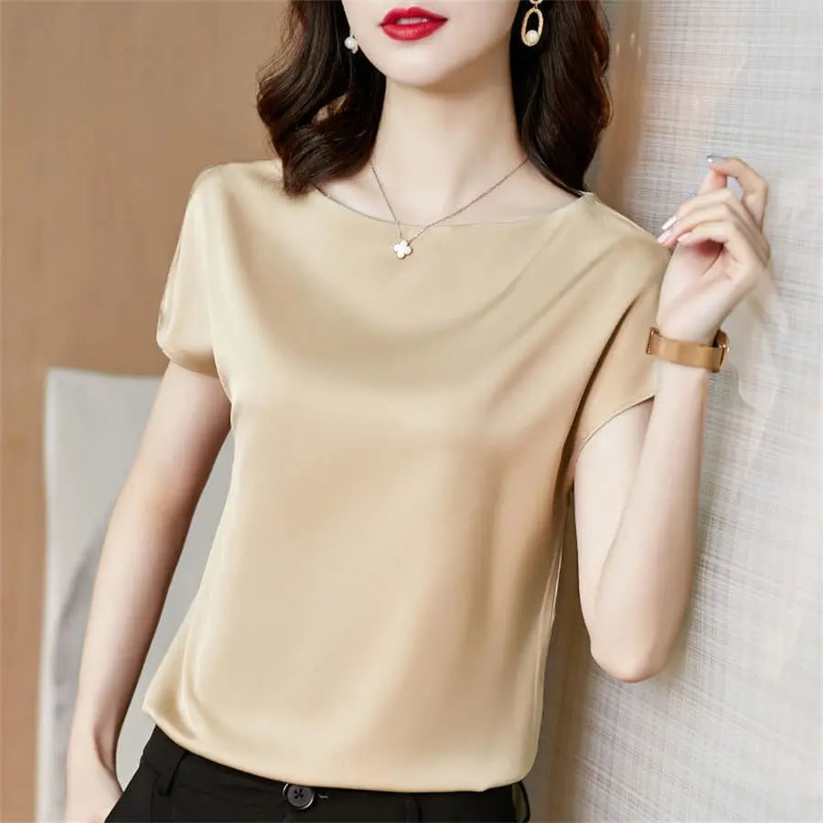 Showlu Fashion RibbonFish women's satin short sleeve blouse with O-neck, loose fit, ideal for office or casual summer wear.