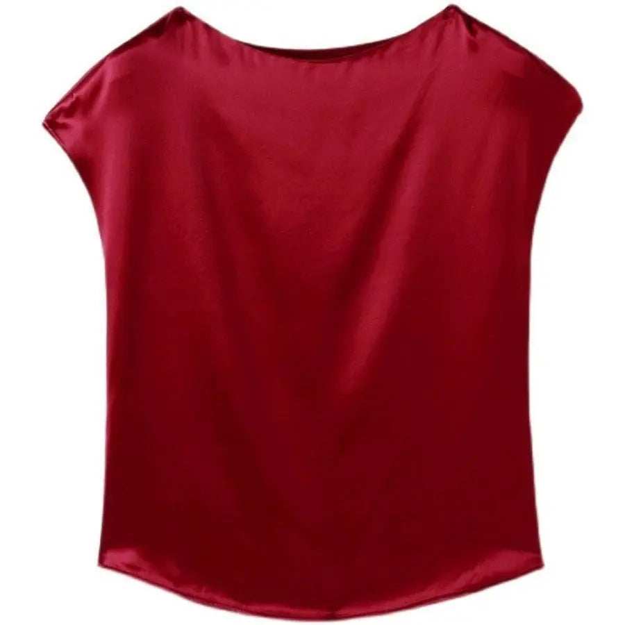 Showlu Fashion Satin short sleeve blouse for women, loose office top with O-neck, simple solid color, casual and elegant style.