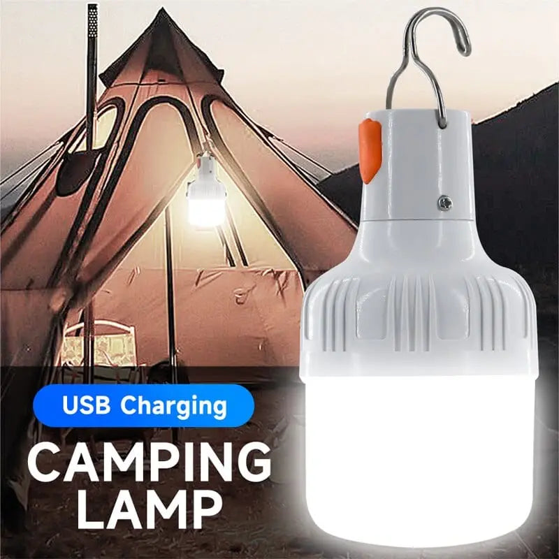 Showlu Fashion Store Plutus-Quinn 60W LED camping lantern with USB recharge, portable emergency light with hook for outdoor activities.