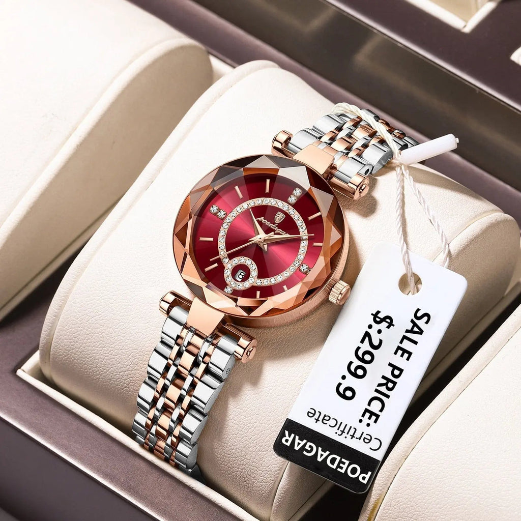Luxury POEDAGAR women's quartz watch with stainless steel band, waterproof design, and date display.