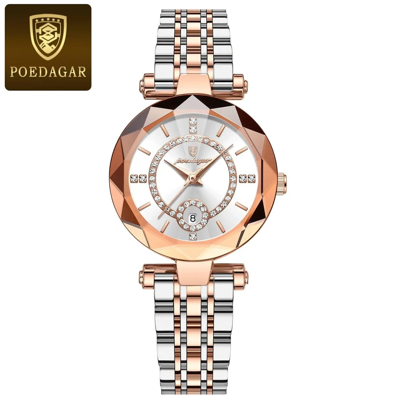 POEDAGAR women's luxury quartz watch with stainless steel band, waterproof design, and date display, featuring diamond accents.