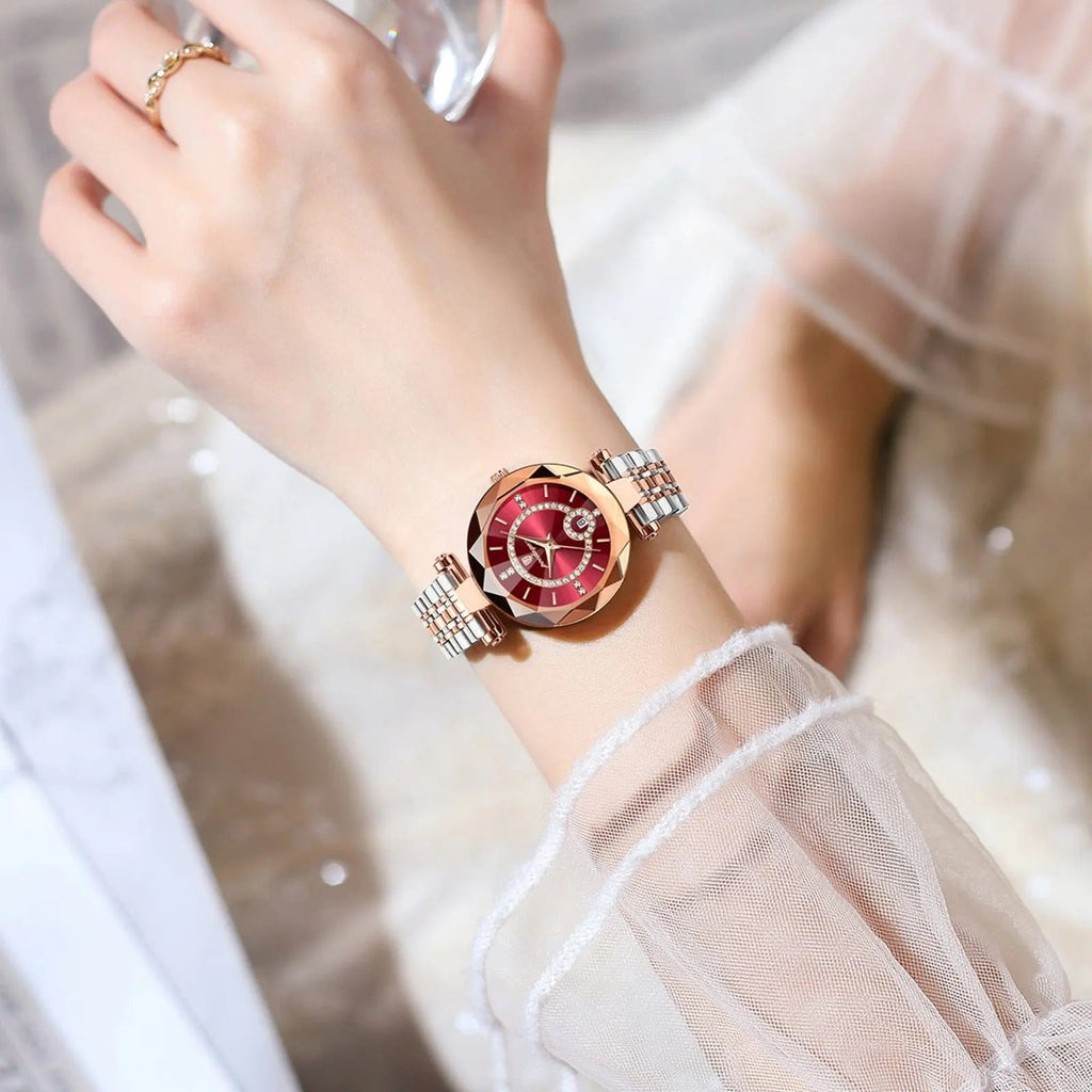 Luxury POEDAGAR women's quartz watch with stainless steel band, diamond accents, waterproof design, and date display.