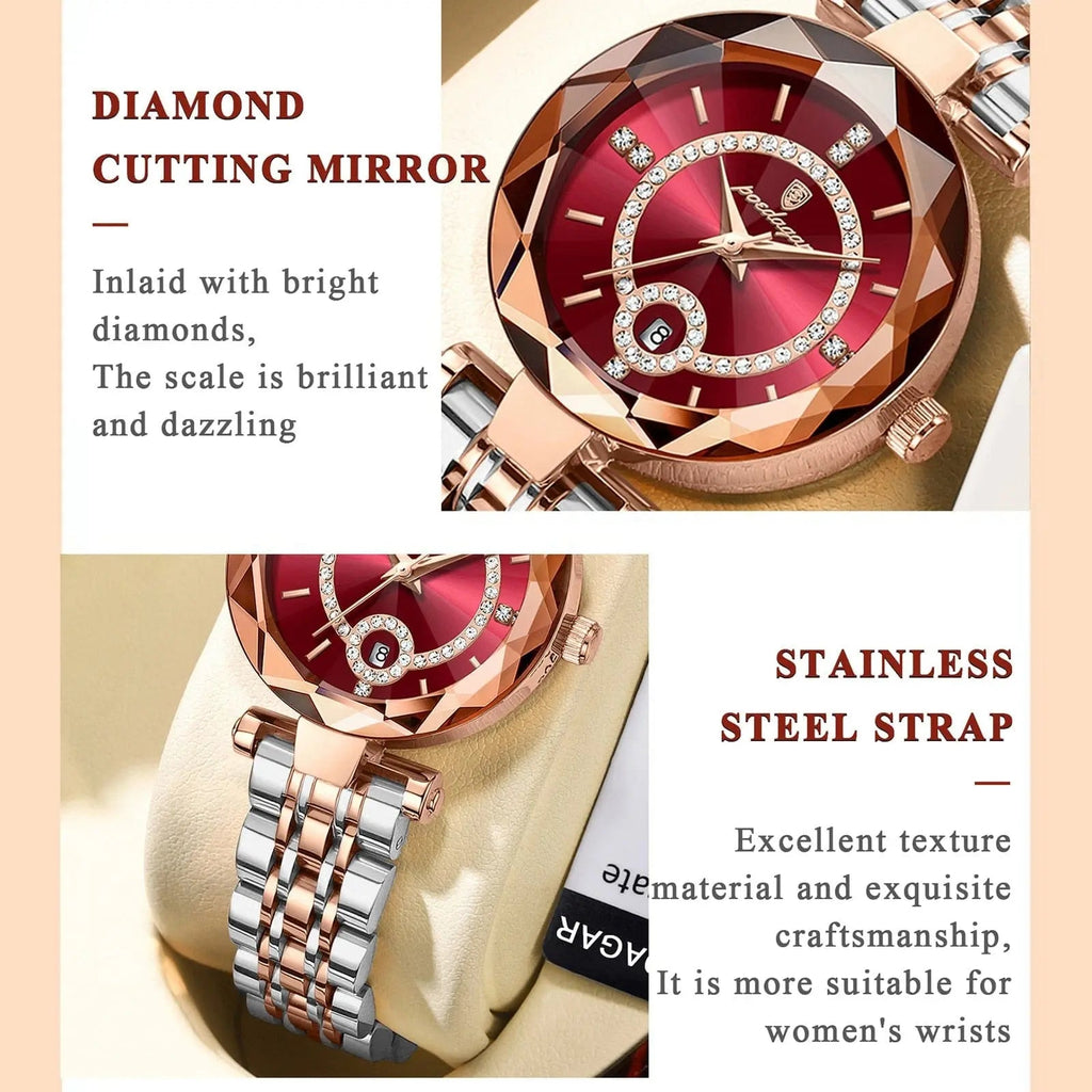 Luxury POEDAGAR women's quartz watch with stainless steel band, waterproof design, and date display.