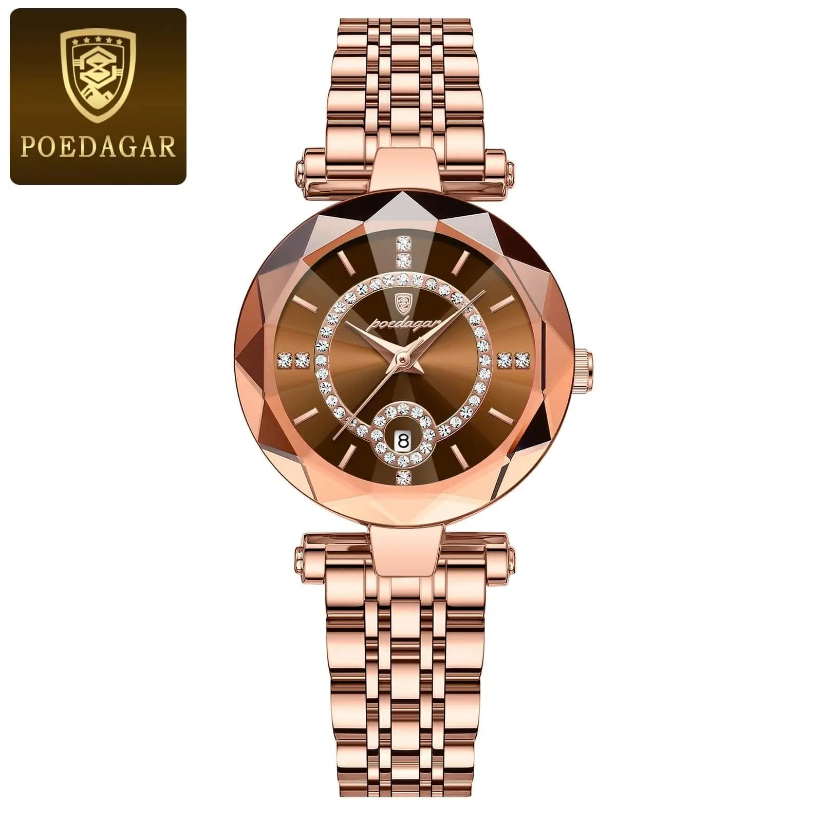 Luxury POEDAGAR women's quartz watch with stainless steel band, waterproof design, and date display.