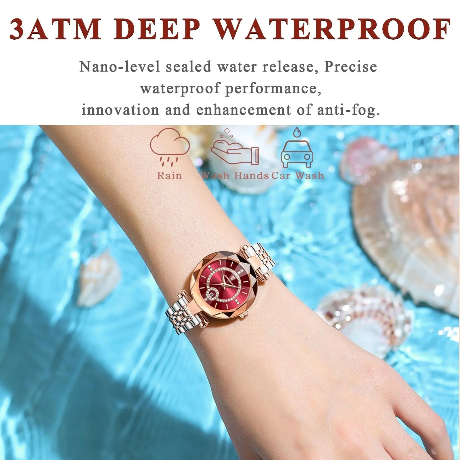 Luxury POEDAGAR women's quartz watch with stainless steel band, waterproof design, diamond accents, and date display.