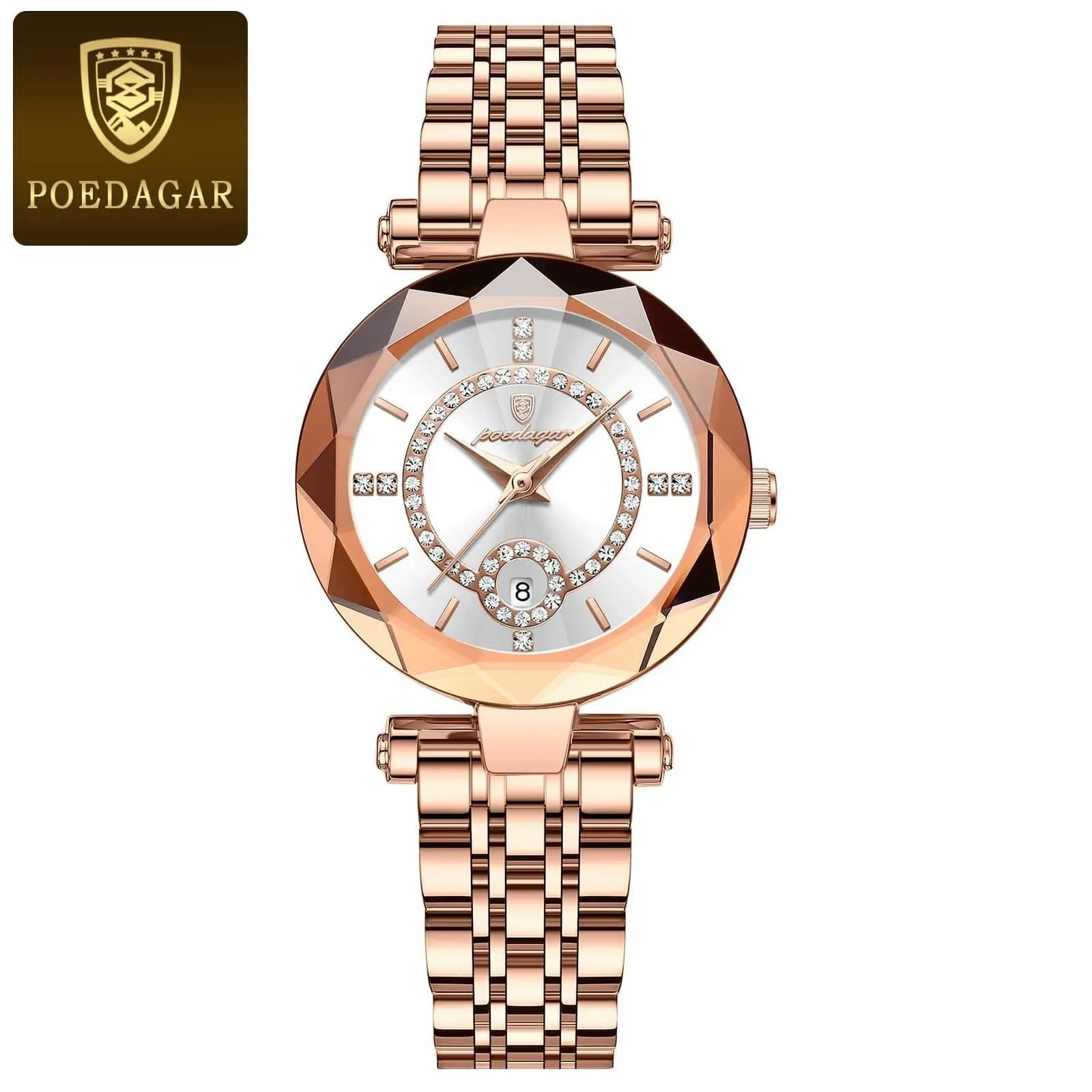 Poedagar women's luxury quartz watch with stainless steel band, waterproof design, and date display showcasing elegant jewelry style