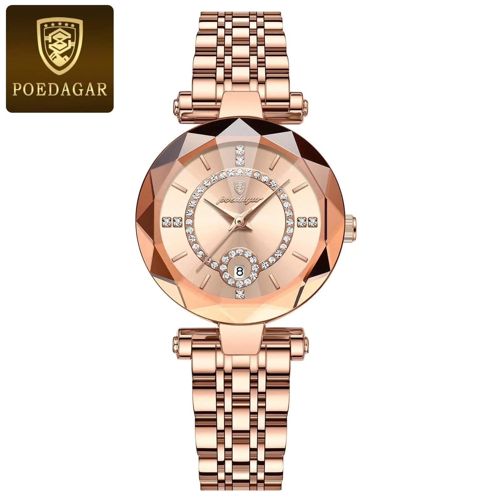 Luxury POEDAGAR women's quartz watch with stainless steel band, waterproof design, and date display, featuring elegant diamond accents.