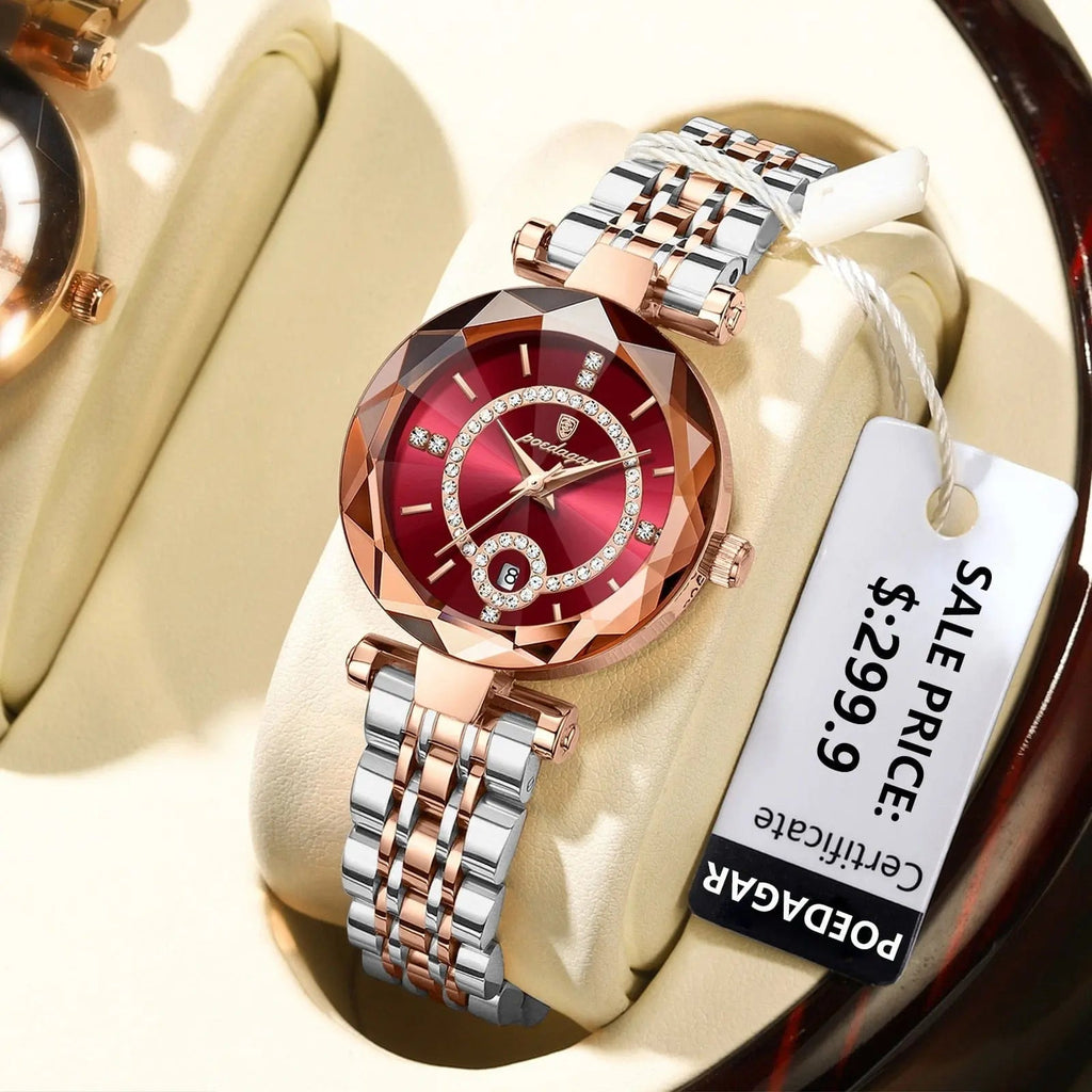 Luxury POEDAGAR women's quartz watch with stainless steel band, waterproof design, diamond accents, and date display.