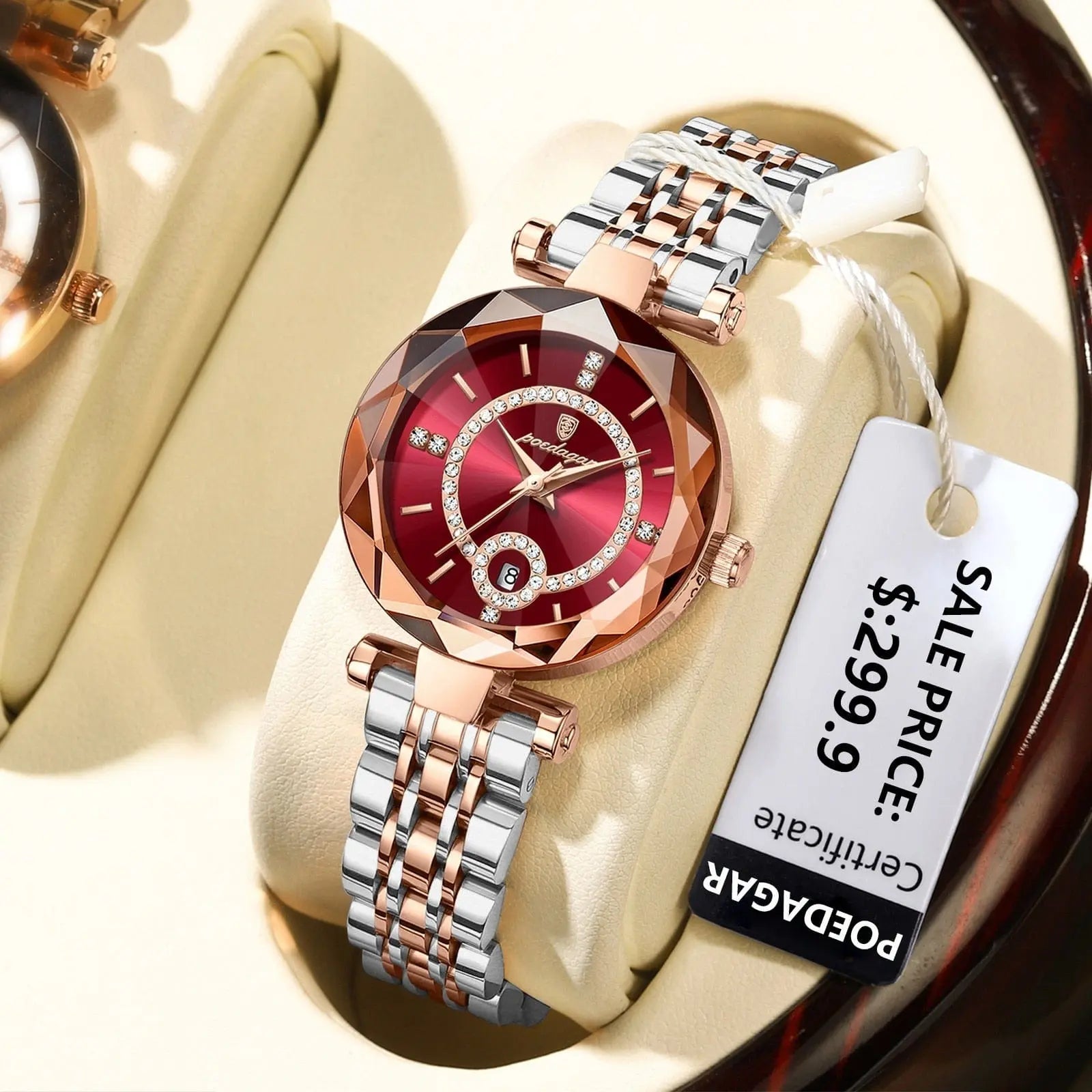 Luxury POEDAGAR women's quartz watch with stainless steel band, waterproof design, diamond accents, and date display.